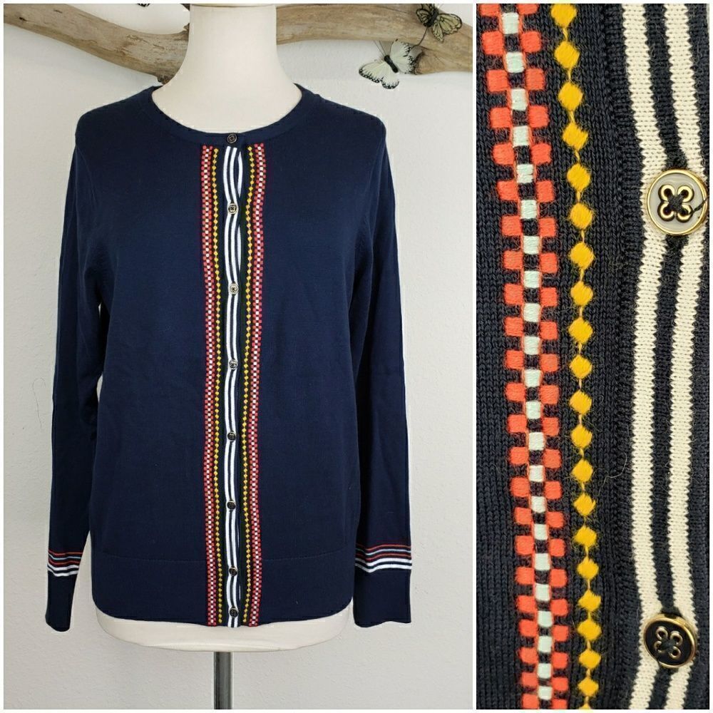 Land's End navy cardigan with colorful trim